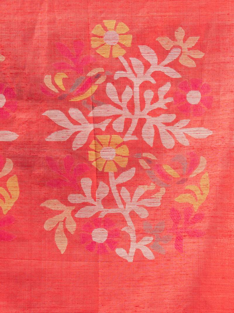 White & Red Silk Matka Solid Body Handwoven Jamdani Saree
