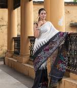 White & Black Silk Matka Solid Body Handwoven Jamdani Saree