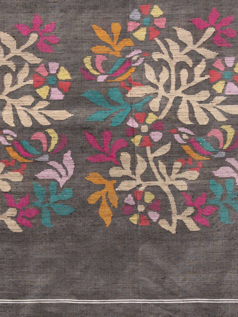 Steel & black Silk Matka Solid Body Handwoven Jamdani Saree