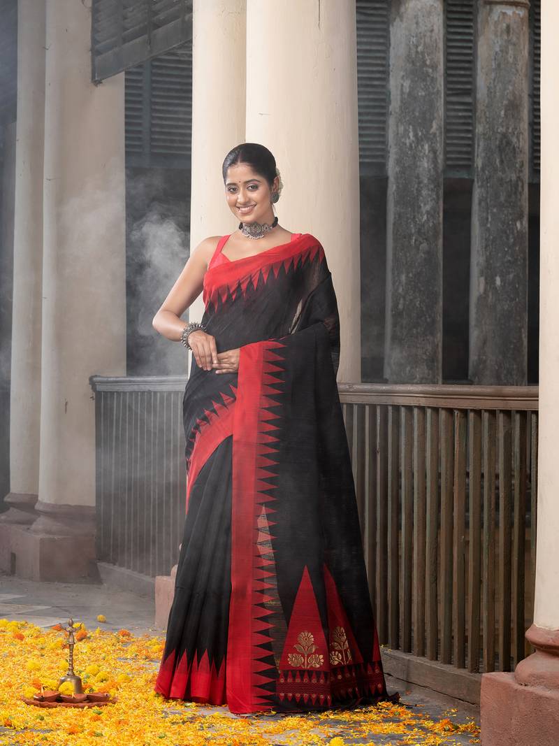 Black Silk Matka Solid Body Red Temple Border Jacquard Jamdani Saree