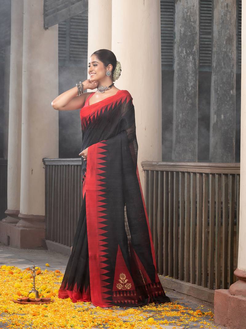 Black Silk Matka Solid Body Red Temple Border Jacquard Jamdani Saree