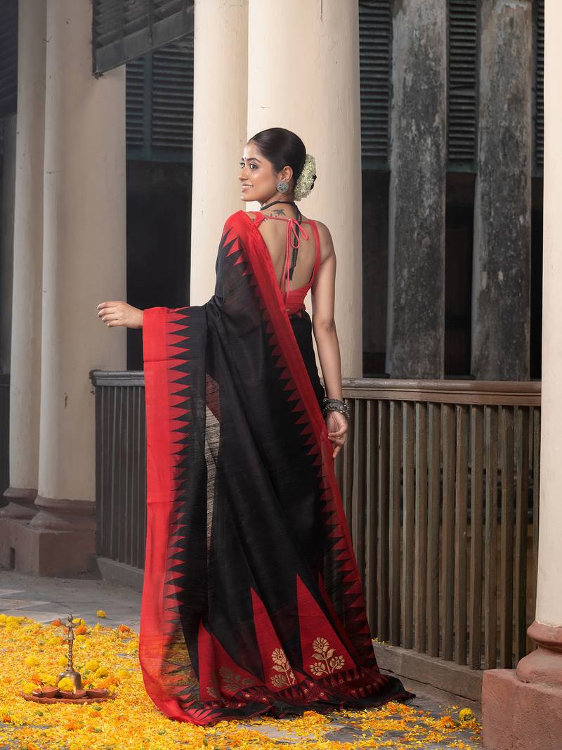 Black Silk Matka Solid Body Red Temple Border Jacquard Jamdani Saree