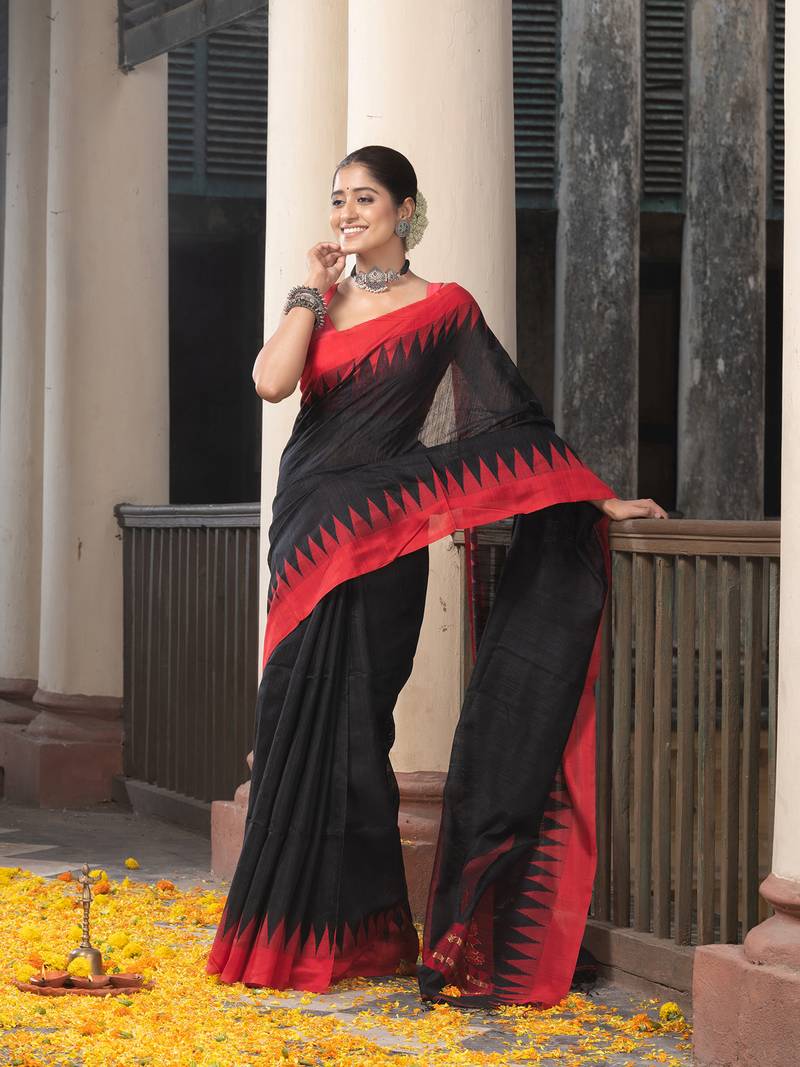 Black Silk Matka Solid Body Red Temple Border Jacquard Jamdani Saree