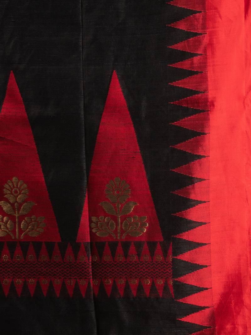 Black Silk Matka Solid Body Red Temple Border Jacquard Jamdani Saree