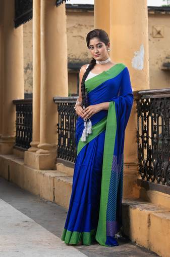 Blue Cotton Solid Border With Jacquard Pallu Handloom Saree