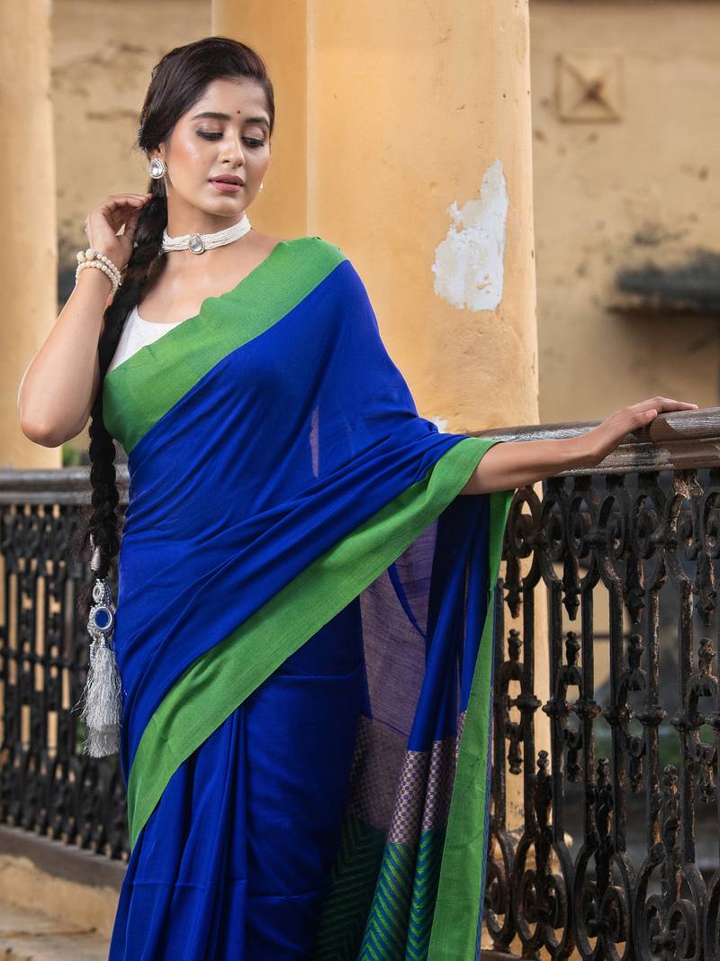 Blue Cotton Solid Border With Jacquard Pallu Handloom Saree