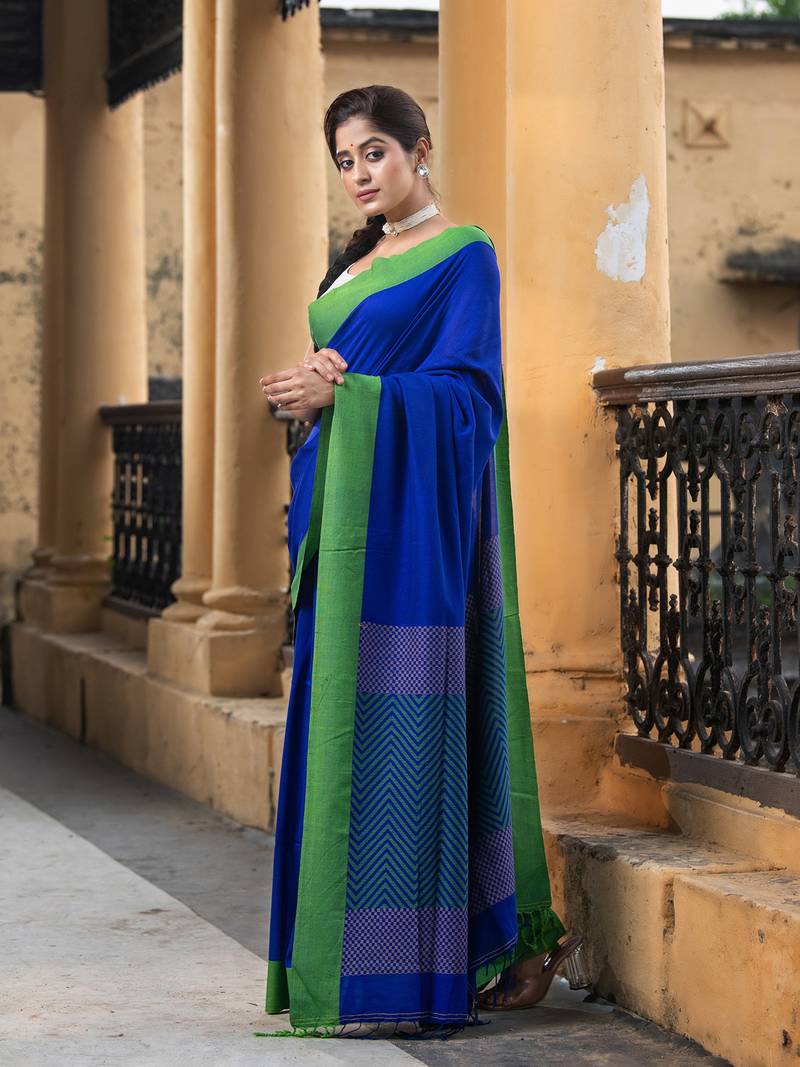 Blue Cotton Solid Border With Jacquard Pallu Handloom Saree