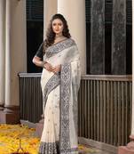 White Cotton All Body Buti Black Jacquard Border With Pallu Handloom Saree