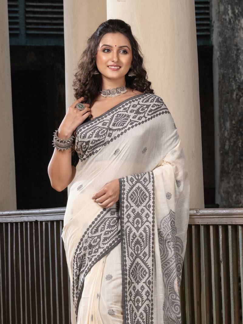 White Cotton All Body Buti Black Jacquard Border With Pallu Handloom Saree