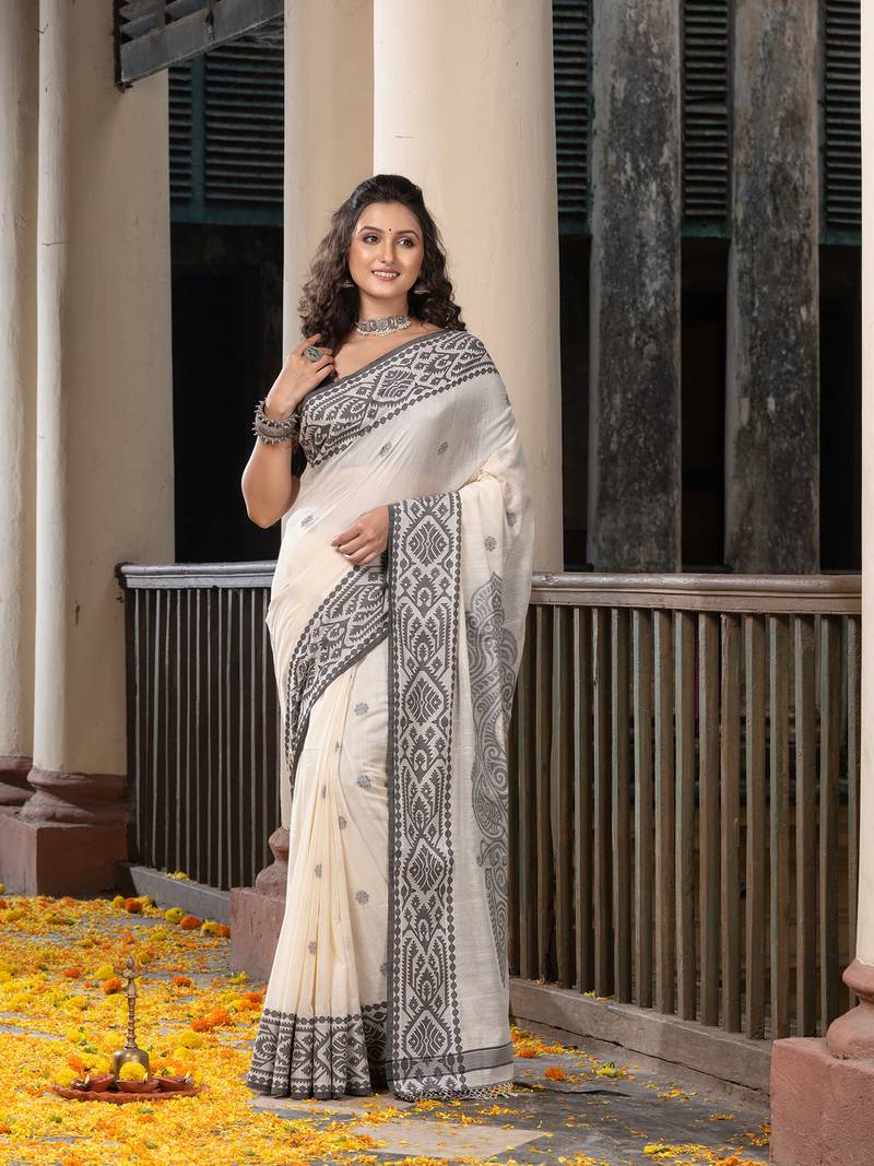 White Cotton All Body Buti Black Jacquard Border With Pallu Handloom Saree