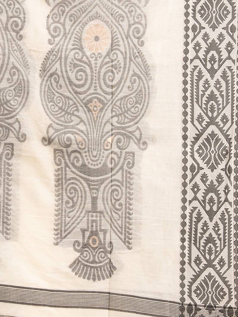 White Cotton All Body Buti Black Jacquard Border With Pallu Handloom Saree