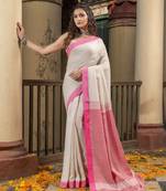 Beige Cotton Solid Body With Pink Pallu Handloom Saree