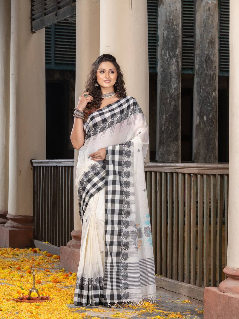 White Cotton All Body Buti With Pallu Multi Colour Border Jamdani Saree