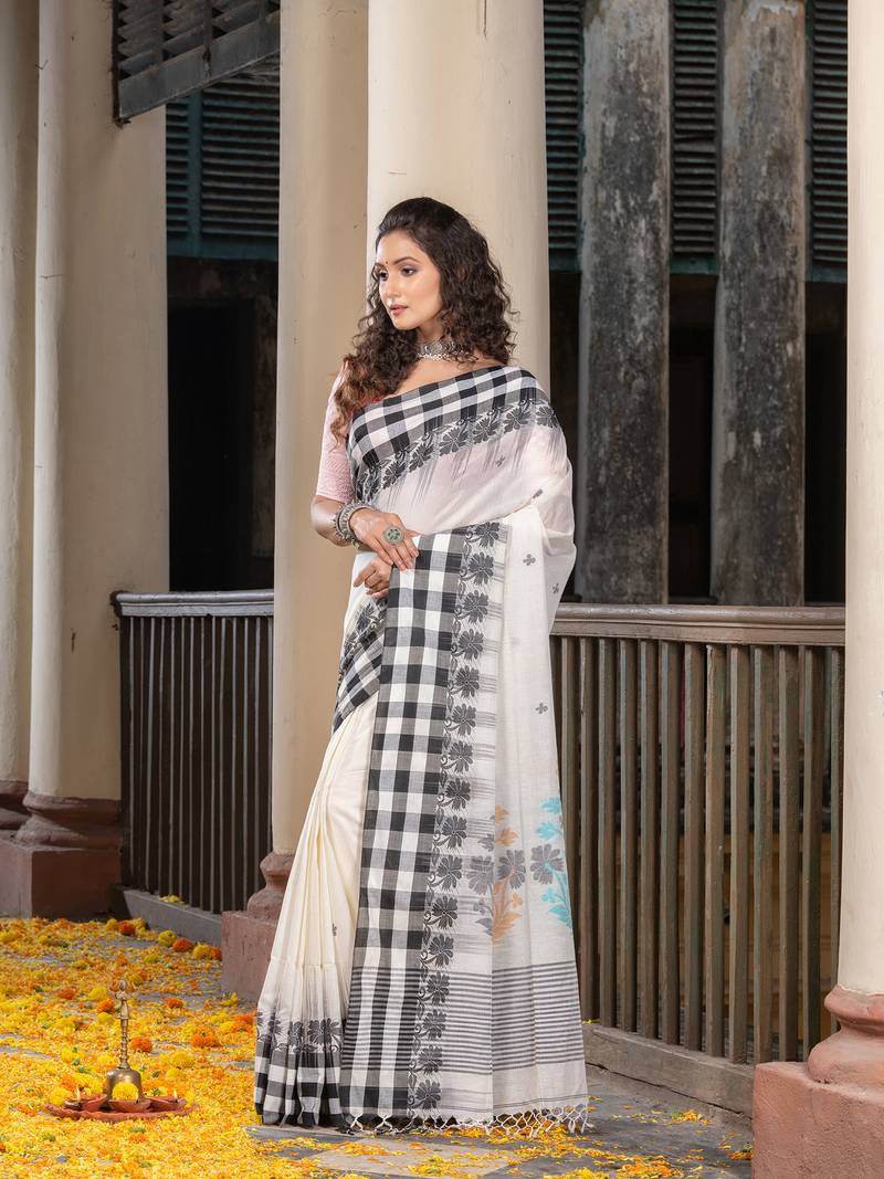 White Cotton All Body Buti With Pallu Multi Colour Border Jamdani Saree