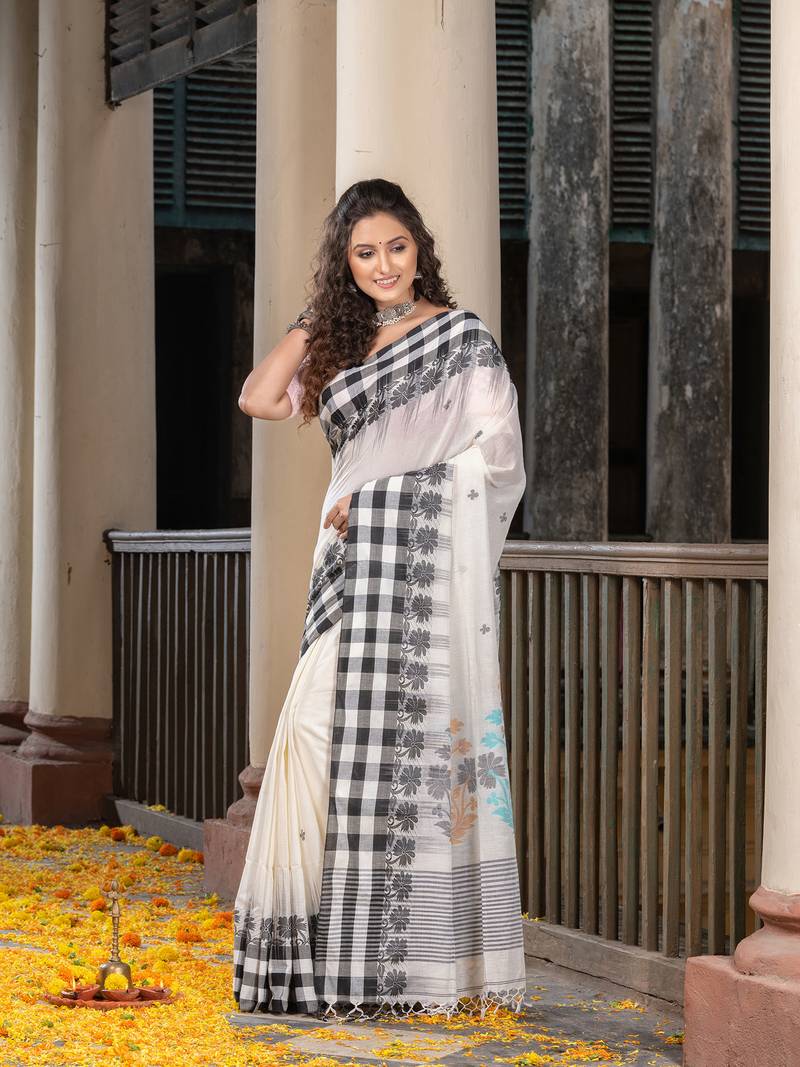 White Cotton All Body Buti With Pallu Multi Colour Border Jamdani Saree