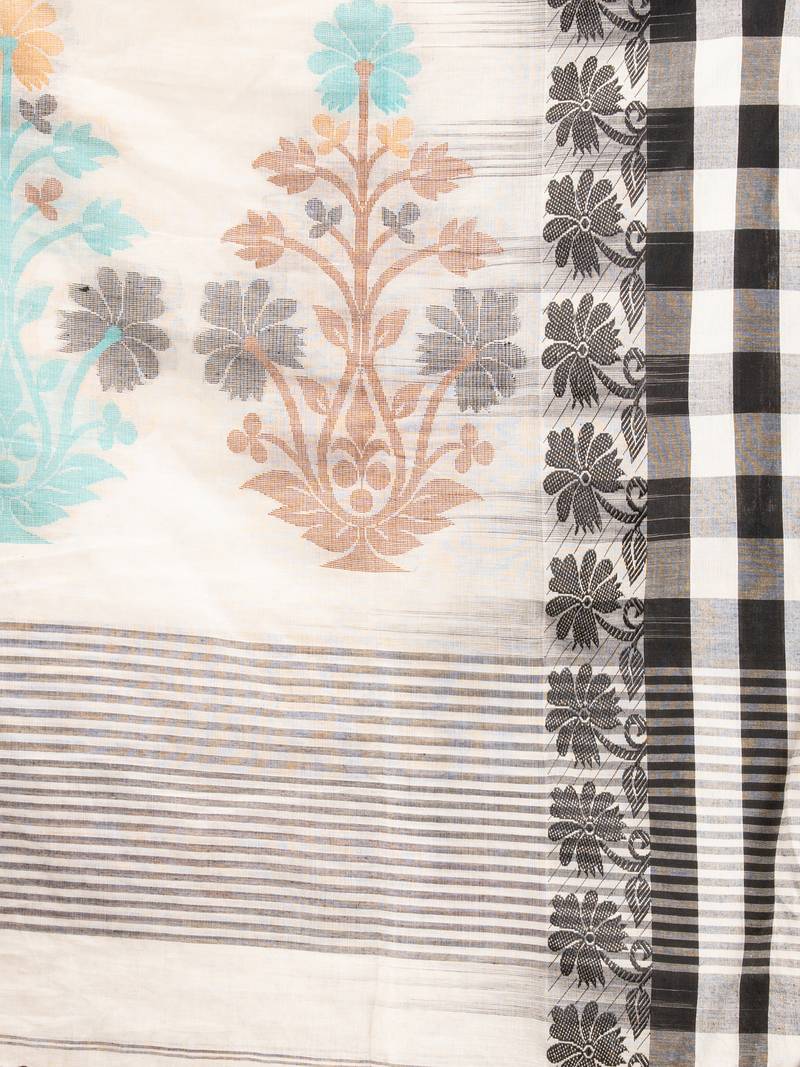 White Cotton All Body Buti With Pallu Multi Colour Border Jamdani Saree