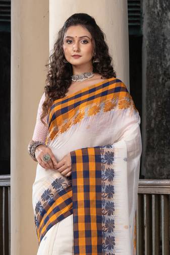 White Cotton All Body Buti With Pallu Multi Colour Border Jamdani Saree