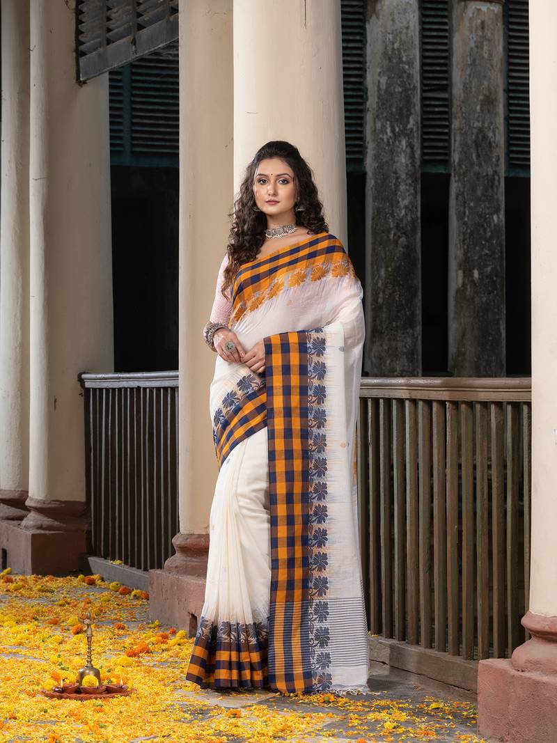 White Cotton All Body Buti With Pallu Multi Colour Border Jamdani Saree