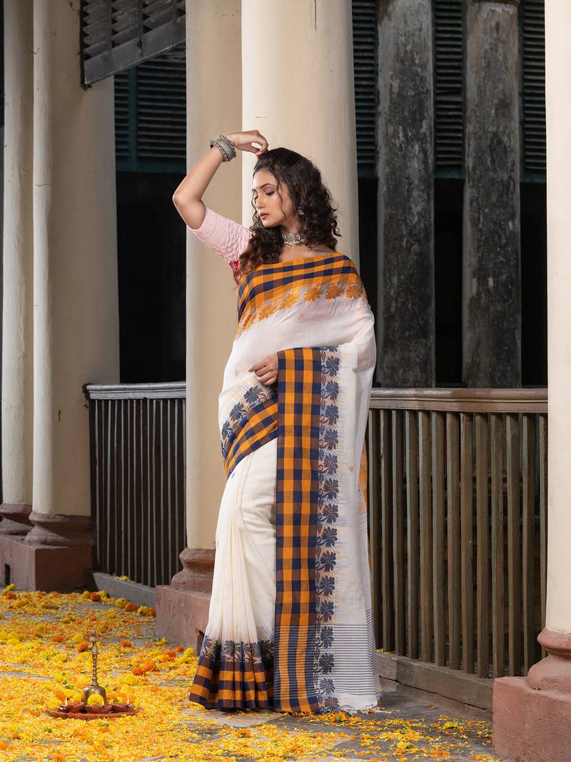 White Cotton All Body Buti With Pallu Multi Colour Border Jamdani Saree