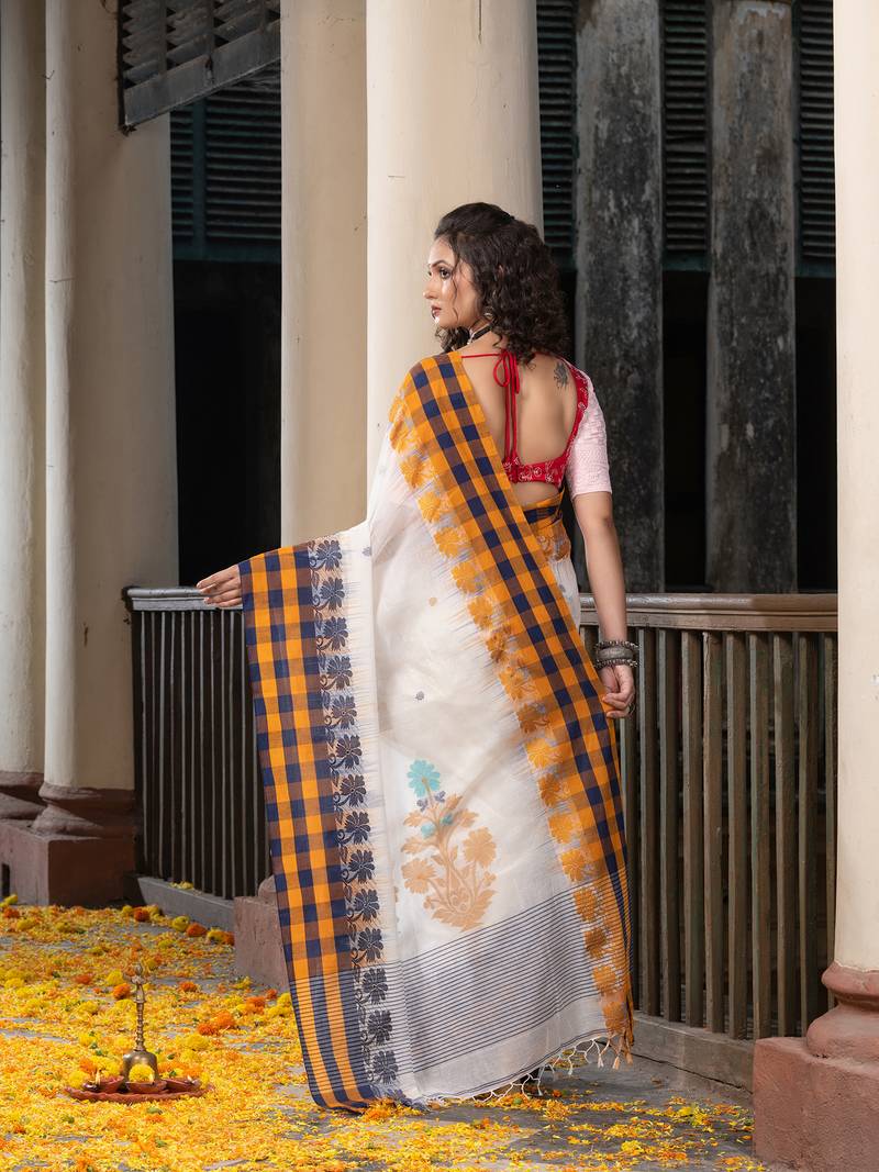 White Cotton All Body Buti With Pallu Multi Colour Border Jamdani Saree