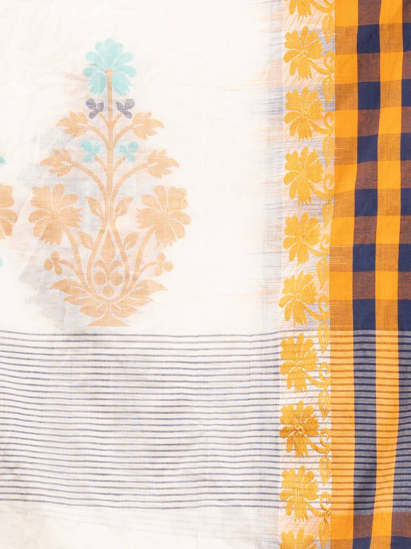 White Cotton All Body Buti With Pallu Multi Colour Border Jamdani Saree