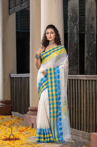 White Cotton All Body Buti With Pallu Multi Colour Border Jamdani Saree