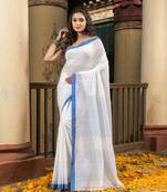 White Cotton Solid Body With Stripe Pallu Handloom Saree