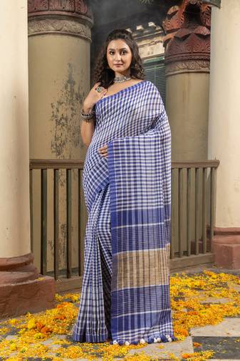 Blue White Cotton Handwoven Saree