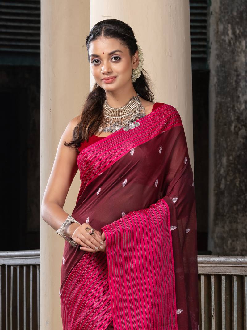 Maroon Cotton All Body Buti With Mahapar Border Jamdani Saree