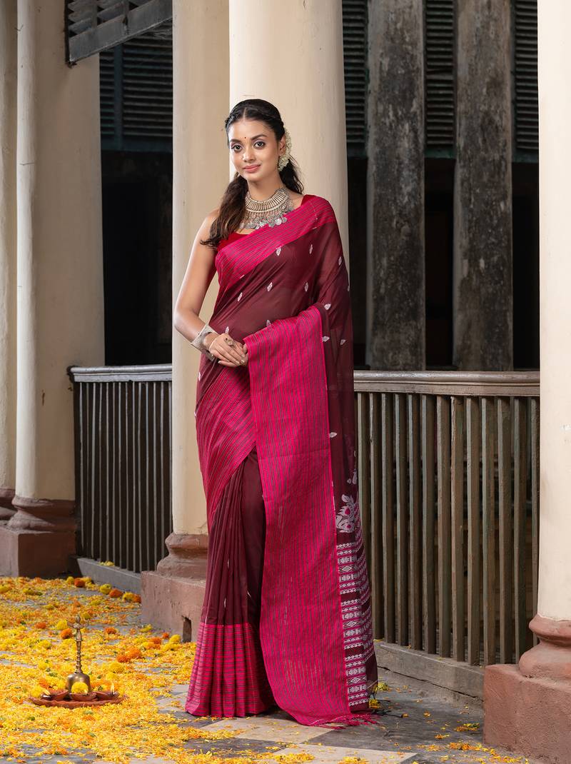 Maroon Cotton All Body Buti With Mahapar Border Jamdani Saree