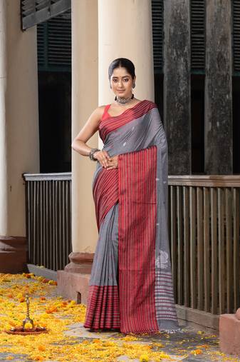 Grey Cotton All Body Buti With Mahapar Border Jamdani Saree