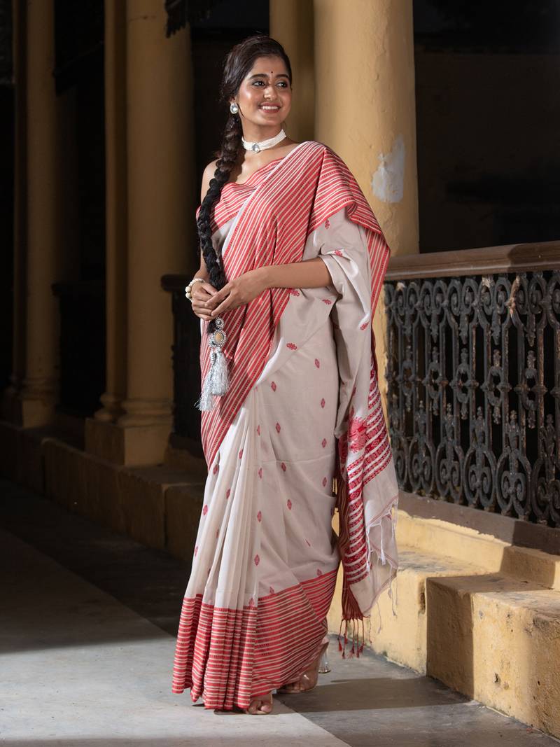 Off White Cotton All Body Buti With Mahapar Border Jamdani Saree