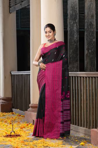 Black Cotton All Body Buti With Mahapar Border Jamdani Saree