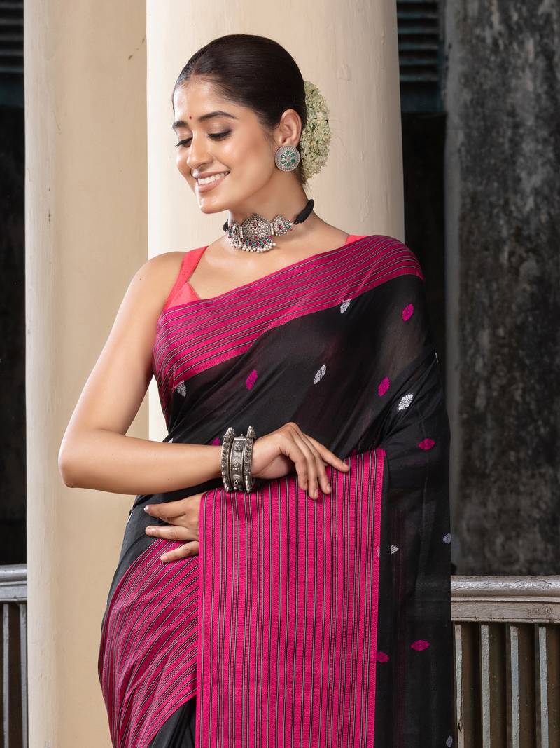 Black Cotton All Body Buti With Mahapar Border Jamdani Saree