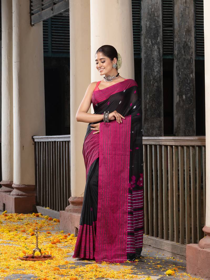 Black Cotton All Body Buti With Mahapar Border Jamdani Saree
