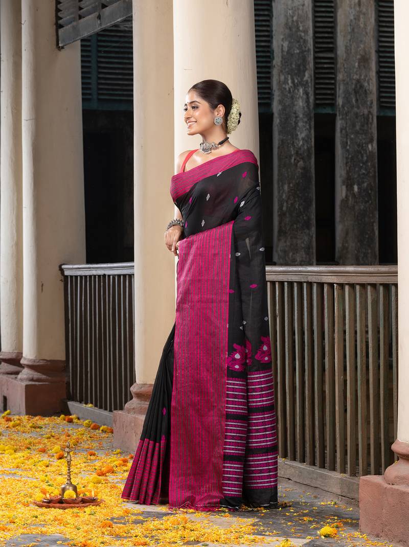 Black Cotton All Body Buti With Mahapar Border Jamdani Saree