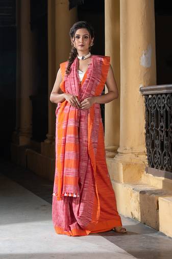 Red Cotton Tai Dye Handloom Saree