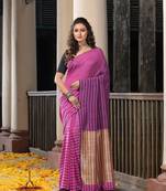 Pink Cotton All Body Stripe With Golden Zari Pallu Handloom Saree