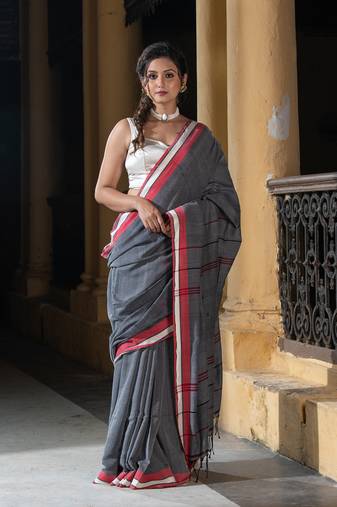 Dark Grey Cotton All Body Buti Handloom Saree