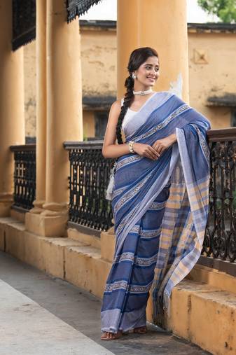 Blue Cotton All Body Jacquard Stripe Handloom Saree Without Blouse