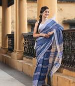 Blue Cotton All Body Jacquard Stripe Handloom Saree Without Blouse