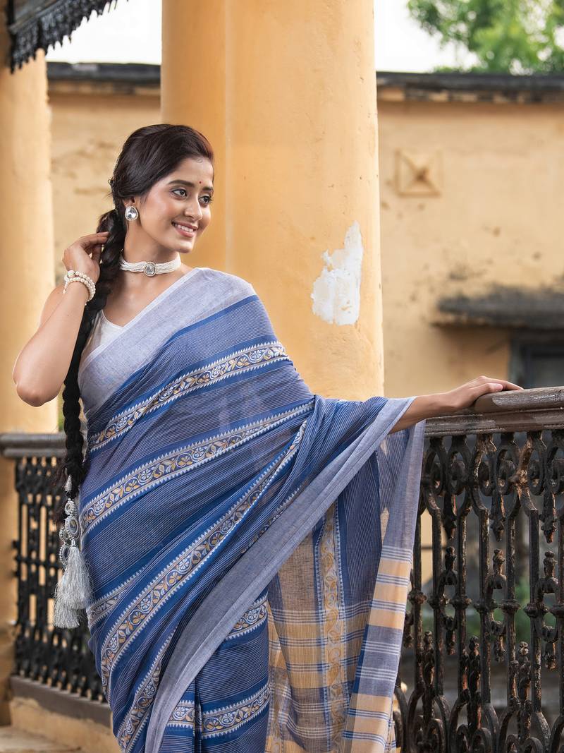 Blue Cotton All Body Jacquard Stripe Handloom Saree Without Blouse