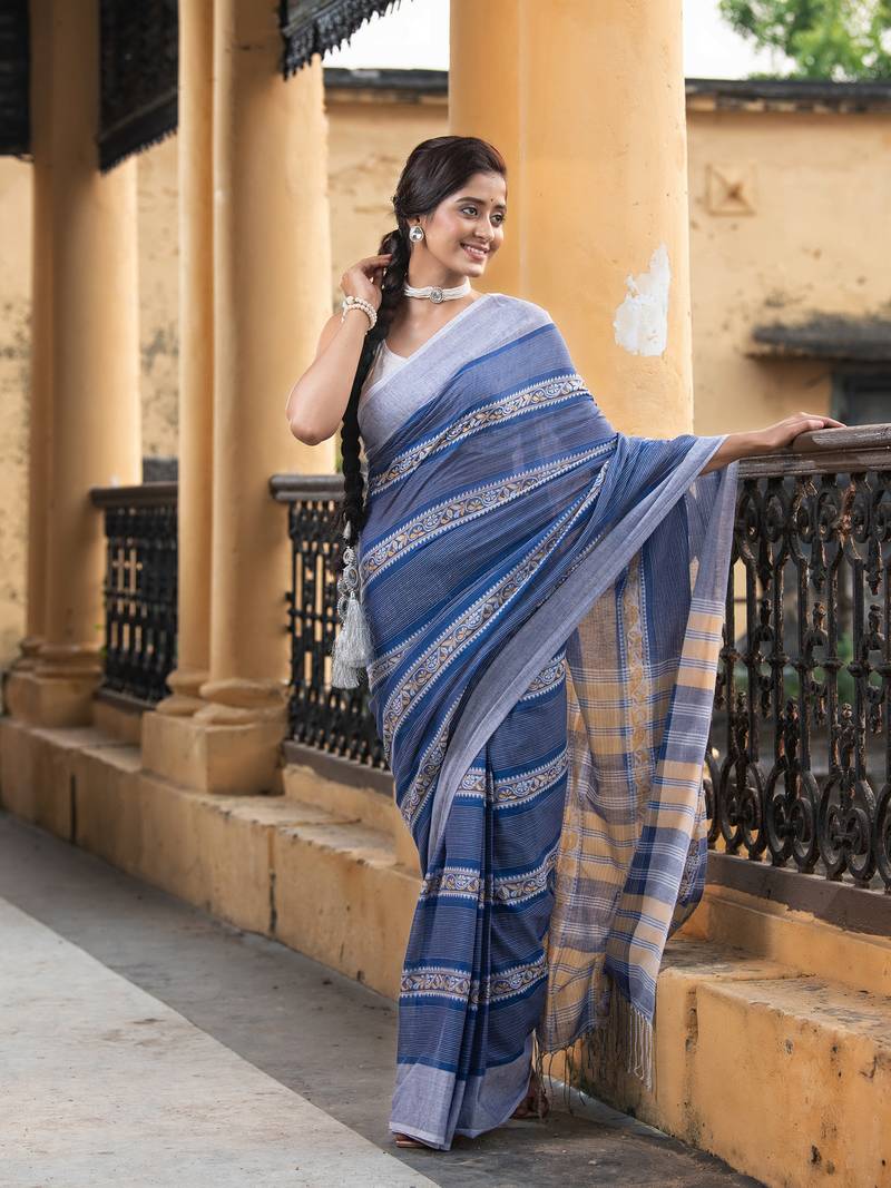 Blue Cotton All Body Jacquard Stripe Handloom Saree Without Blouse