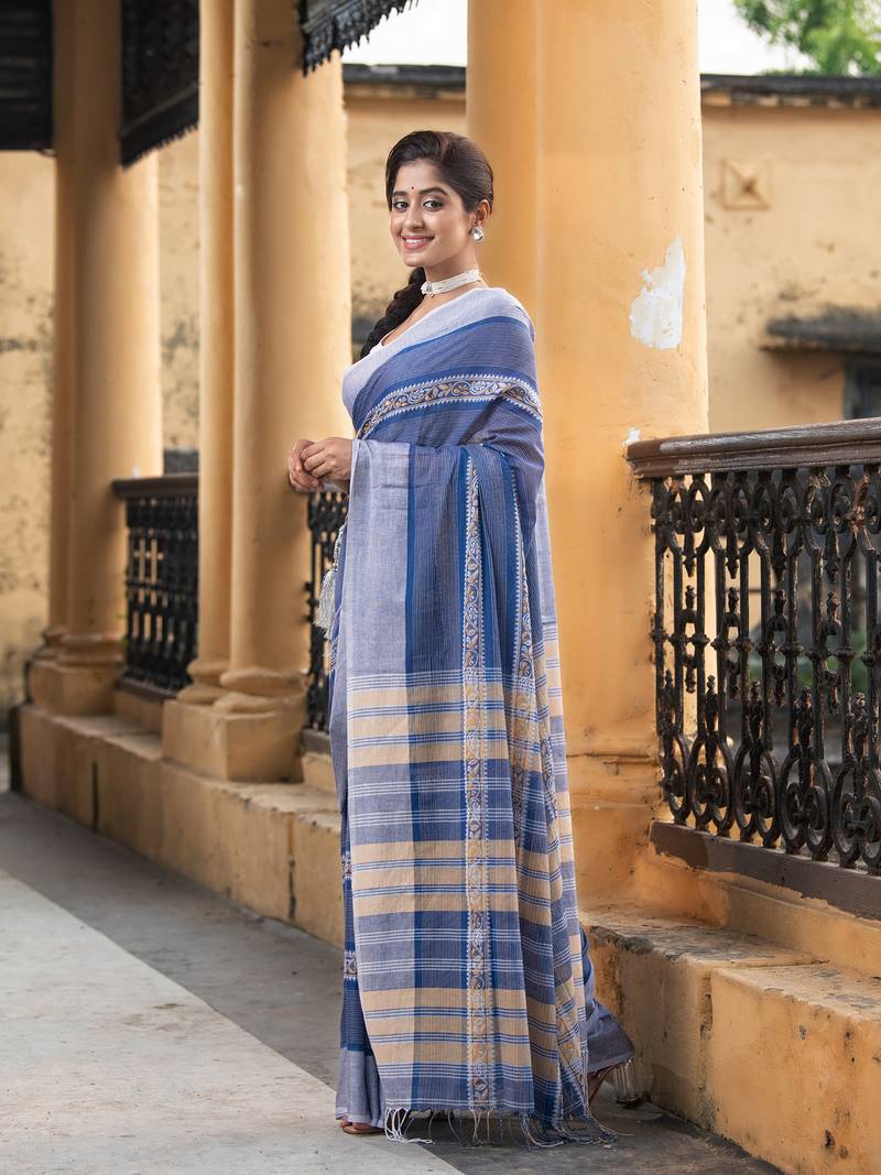 Blue Cotton All Body Jacquard Stripe Handloom Saree Without Blouse