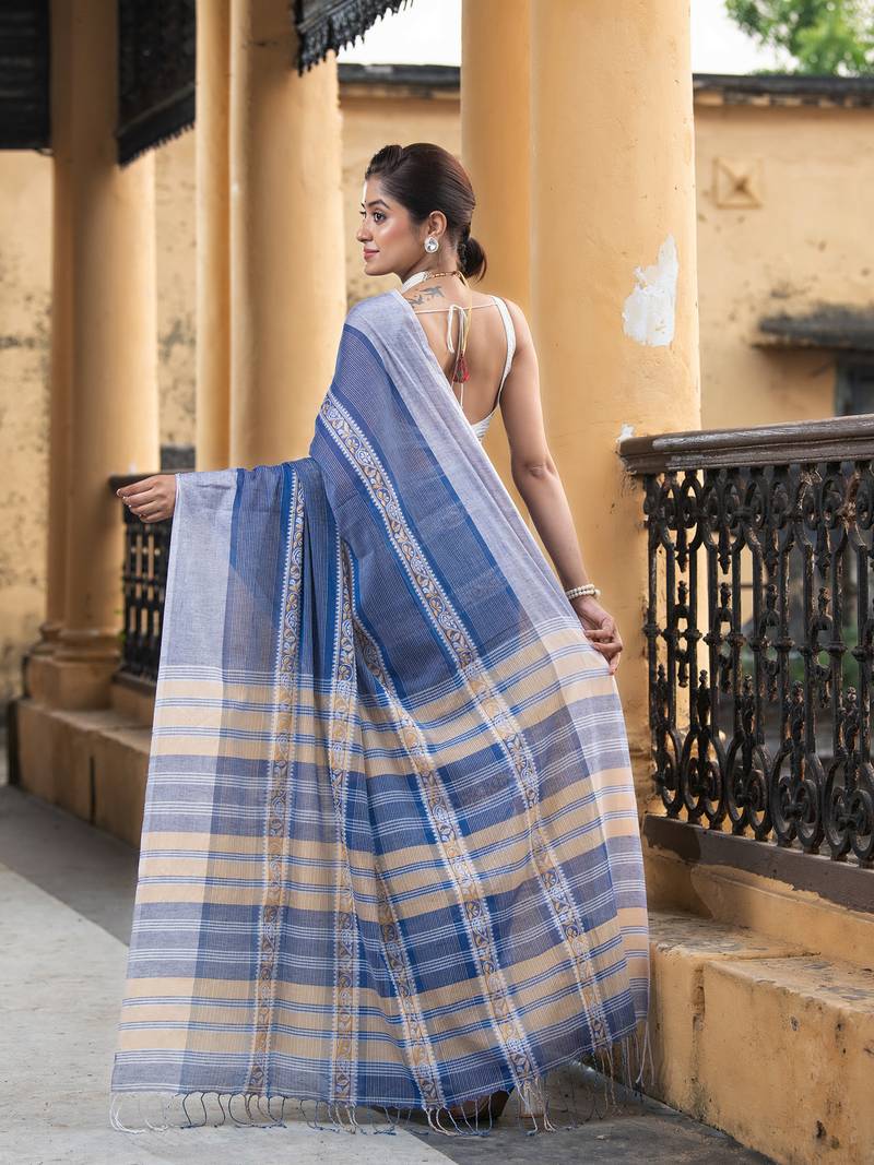 Blue Cotton All Body Jacquard Stripe Handloom Saree Without Blouse