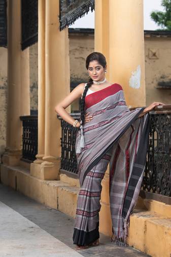 Grey Cotton All Body Jacquard Stripe Ganga Yamuna Border Handloom Saree Without Blouse