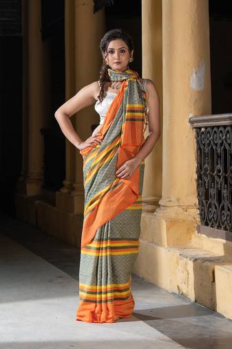 Yellow Cotton All Body Jacquard Multi Colour Stripe Handloom Saree Without Blouse