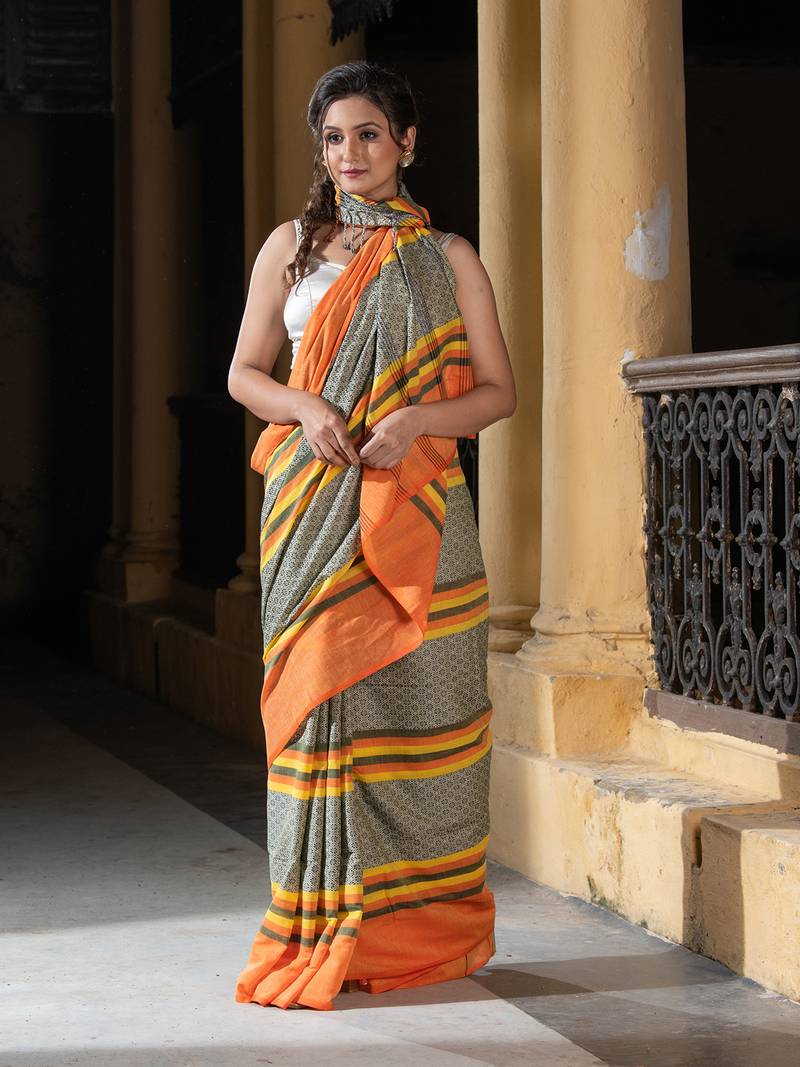 Yellow Cotton All Body Jacquard Multi Colour Stripe Handloom Saree Without Blouse