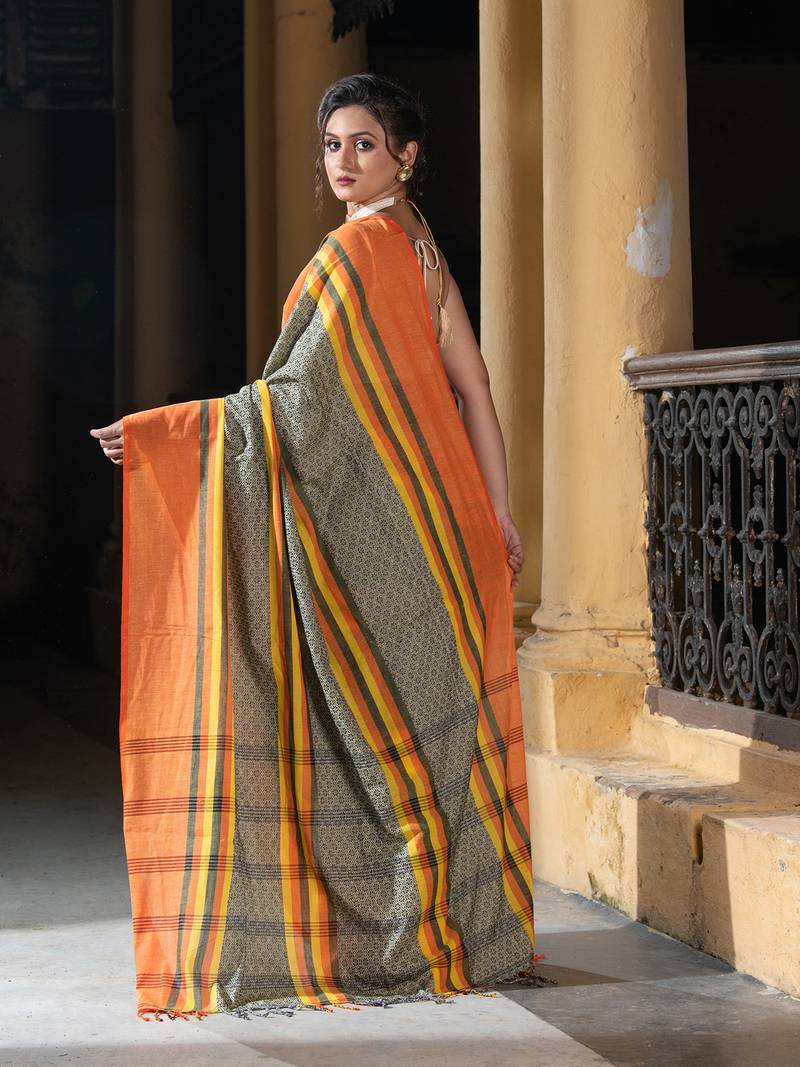 Yellow Cotton All Body Jacquard Multi Colour Stripe Handloom Saree Without Blouse
