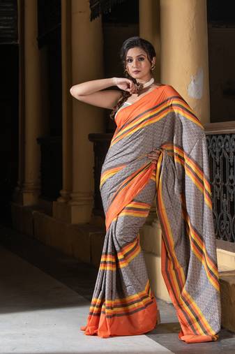 Beige Cotton All Body Jacquard Multi Colour Stripe Handloom Saree Without Blouse